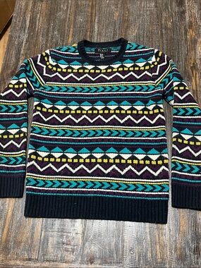 Vintage 90’s Crewneck Fair Isle Sweater in Black with Teal & Yellow Accents